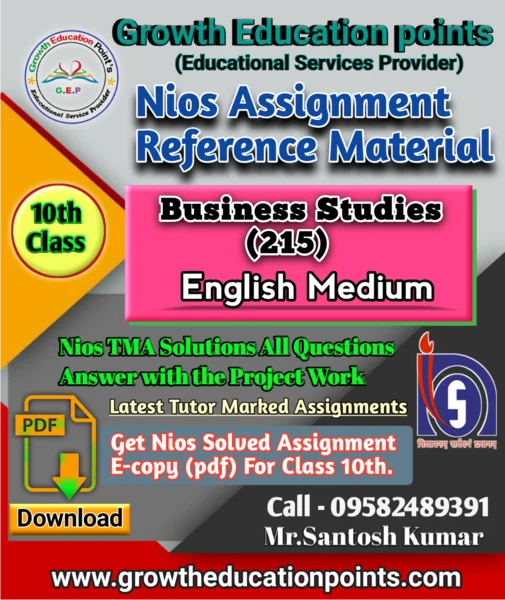 Nios Solved Assignment Business study (215) English Medium 2024 For October Exam